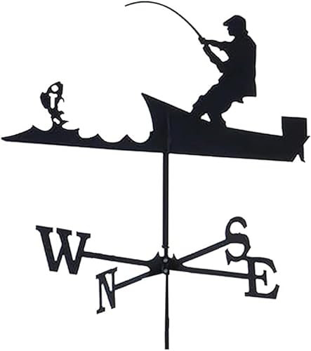 Générique - GIROUETTE en Metal - Motif Pêcheur - Noir - Acier - Points Cardinaux inclus - Support de Fixation inclus - Stock France/Expedition Rapide
