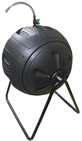 Exaco Ms. Tumbles Round Easy to Turn Compost Tumbler - 35 Gallons, Drain Hose with Cut-Off Valve, Black/Green