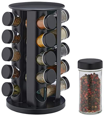 Relaxdays Especiero Giratorio con 20 Botes, con Dosificadores, Rotatorio, Soporte Especias Reutilizable de Cocina, Negro