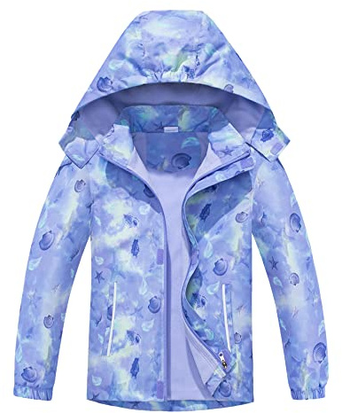 CAMLAKEE Girls Waterproof Jackets Kids Raincoats FLeece Lined Printed Hooded Coat Outdoor Windbreaker Purple UK:5-6 years (manufacturers's size: 120)