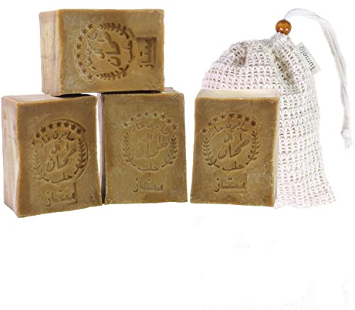 TUMELO Savon d'Alep Original 4 x 200g (800g) 90% d'huile d'olive 10% d'huile de baies de laurier + Sac de Salvon - Savon naturel - Savon solide pour les cheveux/Savon de douche