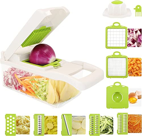 Rextek 12 in 1 Vegetable Cutter Chopper Mandolines - All Types of Vegi's Cuber Cutter Onion Dicer, Food & Onion Slicer (White and Green, Standard)