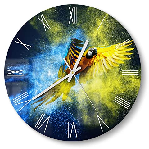 DEQORI Glasuhr | rund Ø 30 cm | Motiv Papagei in Farbwolke | ausgefallene leise Design Uhr aus Glas | Wanduhr für Wohnzimmer & Küche | Moderne Hingucker Uhr für die Wand