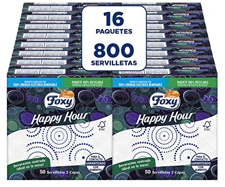 Foxy Happy Hour | Servilletas doble capa | 16 paquetes de 50 unidades de 33x33cm | Certificación FSC | 100% Energía eléctrica renovable | Paquete reciclable producido con plástico reciclado