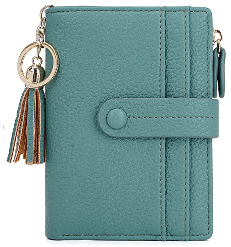 HKCLUF Geldbörse Damen Kleine, Geldbeutel Frauen Leder, RFID Portemonnaie Brieftasche Münzfach mit Quaste Damengeldbörsen Reißverschluss Viele Fächer(B06-Grasgrün)