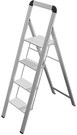 Mephisto Leiter Trittleiter Klappleiter Stufenleiter Haushaltsleiter flach aus Aluminium inkl. Anti Rutsch Trittflächen mit 4 Stufen mit Griff bis 150 kg Tragkraft