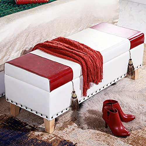 SZITW Aufbewahrungshocker aus Kunstleder, gepolsterte Sitzbank, Fußstütze, Schuhhocker für Schlafzimmer, Wohnzimmer, Moderne Bettbank mit Stauraum, Rot und Weiß, 60 x 43 x 40 cm (24 x 17 x 16 Zoll