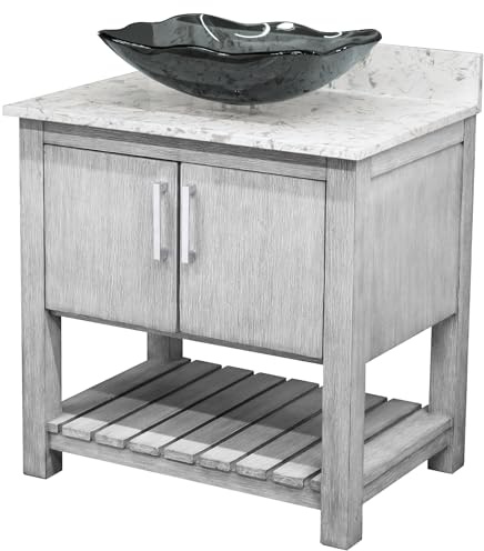 Miseno MV-30SG-NOBV-6001-317G 30 Free Standing Single Basin Vanity Set with Cabinet, Rectangular Glass Vessel Sink and Quartz Vanity Top - Stonewash Grey/Cafe Mocha Top/Brushed Nickel Hardware