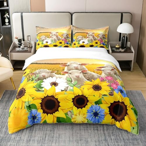 richhome Rustikales Bauernhaus Schaf 100% Bio-Baumwolle Tröster Bezug Sonnenblume Bettbezug Set 200x200 Nettes rustikales Tier Bettwäsche Set mit 2 Kissenbezügen