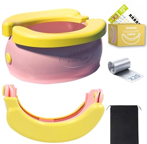 RIVERMUM® Tragbares Töpfchen für Kinder, faltbar, tragbar, Bananen-Toilette, faltbar, für Reisen im Freien oder zu Hause, inklusive 20 Taschen, Belohnungskalender und Tragetasche (Rosa)