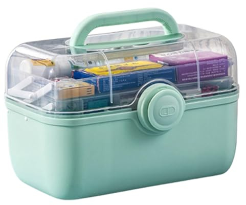 Medizinische Aufbewahrungsbox für zu Hause, transparente Erste-Hilfe-Box mit DREI Ebenen, Multifunktions-Medizinkoffer mit Tragegriff für Schmuck, Arzneimittel und Kosmetik (34*23*23CM, Grün)