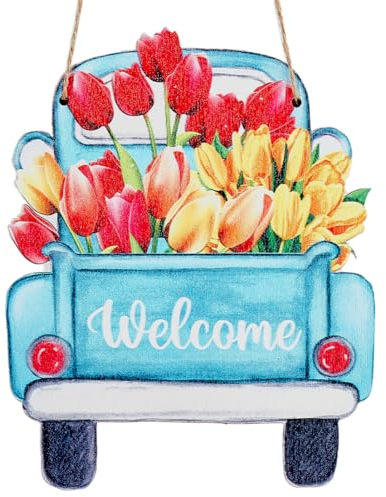 CREATCABIN Cartello di Benvenuto Porta D'Ingresso in Legno Decorazione Auto Fiore Rustico Decorazioni da Appendere A Parete Cartelli di Benvenuto con Spago di Iuta Gancio in Plastica per 15.5x20cm