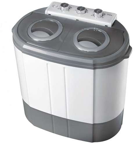 briebe Camp Mini Lavadora Portátil con Centrifugado, Camping, Capacidad Ropa 3Kg, Ideal Viajes, Caravanas Camper, Autocaravanas, 2 Compartimentos, Carga Superior, sin Instalación