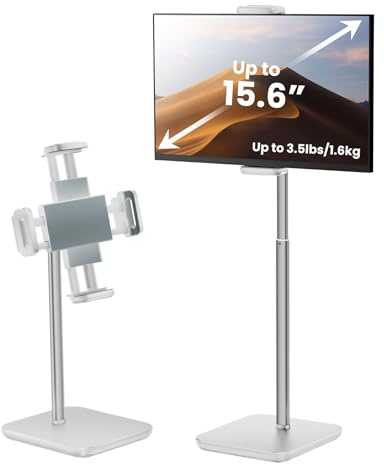 tounee Höhenverstellbarer Tablet Ständer, Monitor Halterung bis 1,6 kg, Höhe bis 45,7 cm, Schlank & Tragbar, Kompatibel mit iPad Pro 12.9, Surface Pro & Allen 4,7–15,6 Zoll Geräten – Weiß