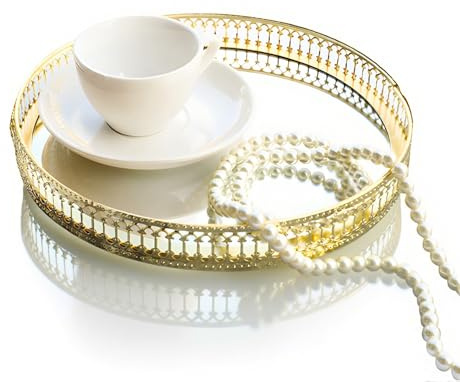 Vassoio per specchio Buachois, Vassoio per trucco dorato Stile americano Ferro rotondo Grande forma geometrica decorativa