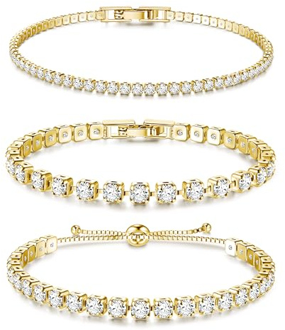 Dochais 3 Piezas Pulsera de Tenis Plata Oro con Puños Abiertos, Pulsera Brillantes Circonita Cúbica de Cristal para Mujer - Regalo Joyas