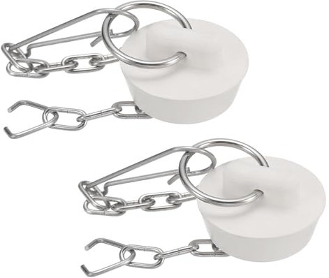 QUARKZMAN 2Pcs Bouchons de Baignoire en Caoutchouc 25-28mm pour Évier de Cuisine, Bouchon de Vidange de Salle de Bain avec Anneau de Traction et Chaîne en Acier Inoxydable, Blanc