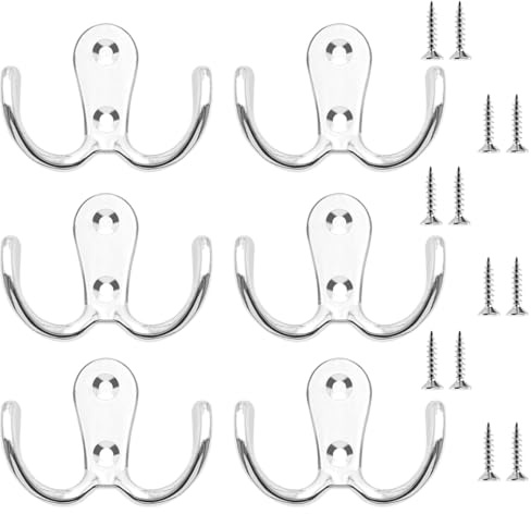 LICQIC Double Prong Robe Hooks, Dual Coat Door Hooks, Double Hook for Hanging Robe, Towel, Coat, Bag, Hat (Silver, 6 Pcs)