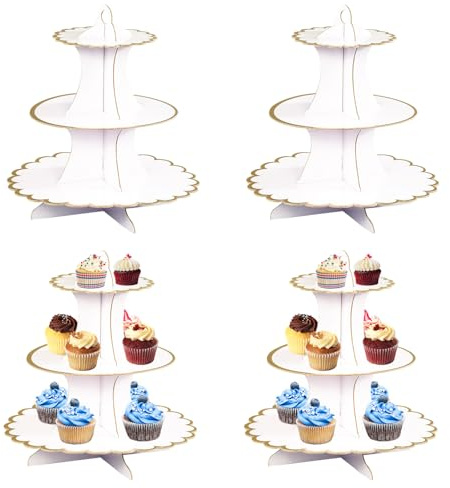 4 Pack Cardboard Cake Stand, 3 Tier Cupcake Dessert Holder, White Gold Dessert Tower Stands, Pastry Serving Stand Food Display for Afternoon Tea, Birthday, Wedding, Anniversary, Festival Decoration