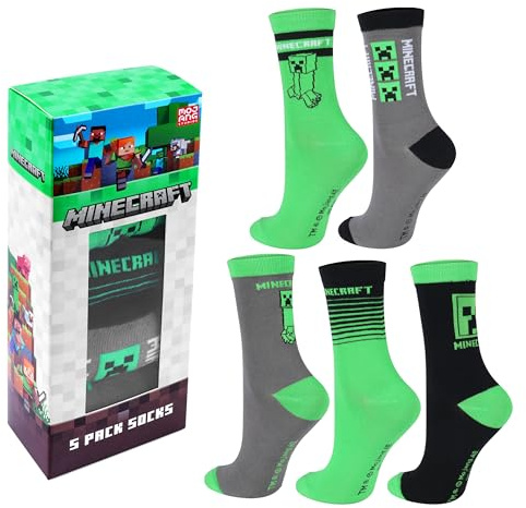 Minecraft Socken: Creeper Design, 3er Set, Grün, Jungen, 35-38, Regular, Hochwertige Baumwolle, Elastischer Bund, Komfortable Passform