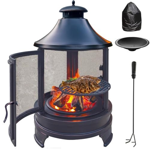 Braciere da esterno, Braciere a legna da patio con griglia, Braciere a legna Caminetto da esterno Braciere in legno con protezione antiscintilla, for cortile, barbecue, patio
