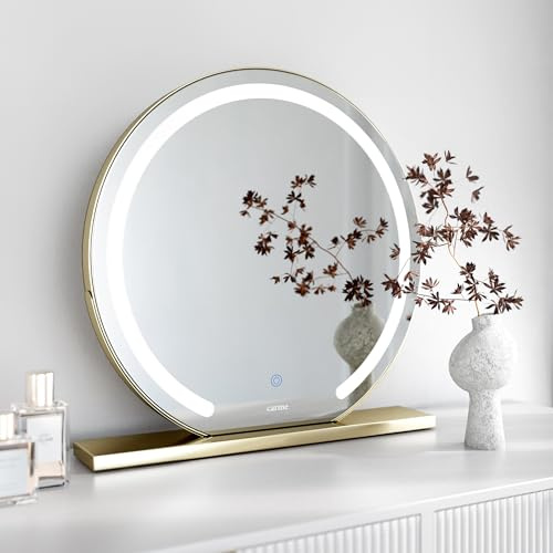 FABS Desktop Vanity Illuminated Makeup Mirror with Touch LED Lights Sensor 3 Colour Settings Dimmable Brightness Lighted Ring Semi-circle Dresser Mirror Gold Frame and rectangular stand (Elsie Gold)