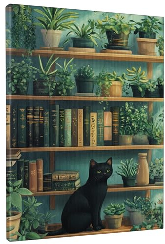 Botanical Cat Canvas Wall Art, Green Houseplants Poster Prints, Cozy Home Aesthetic Decor For Living Room, Bedroom, Office, Unframed 8x12 Inch