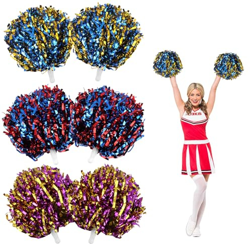 6 Pezzi Pon Pon Cheerleader, Pom Pom da Cheerleader con Manico, Metallico Cheerleading Pompons Pallina di Fiori, Metall Pompons Cheerleader per Competizione, Eventi Sportivi, Giochi Scolastici
