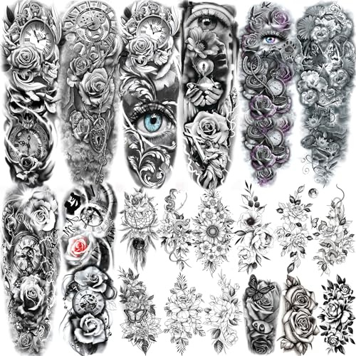 20 Blatt Schwarz Sexy Rose Blume Temporäre Tattoos Damen Klebetattoos Erwachsene, Zahnrad Pfingstrose Blumen Auge Kompass Fake Zum Aufkleben Frauen, 3D Groß Klebe Tattoo Aufkleber Haut Temporär