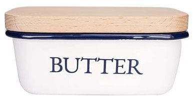 Mantequillera Recipiente de mantequilla esmaltado con tapa de madera versátil - Decoración moderna de cocina de granja - Recipiente de mantequilla de regalos de cocina Accesorio de cocina