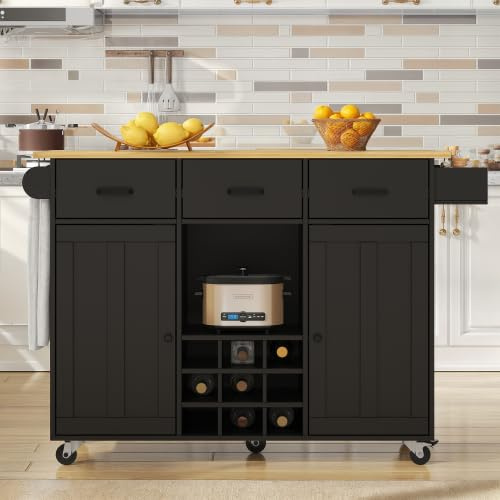 Huayz Carrito isla de cocina con encimera plegable, armario de cocina con ruedas con 3 cajones, estante para especias y 2 puertas, isla de cocina móvil, para cocina y comedor