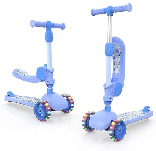 Kinderroller mit Sitz,Roller Kinder ab 2 3 4 Jahre, Scooter Kinder Mädchen Junge, Tretroller mit Leuchträdern, Höhenverstellbarer Kickscooter Blau