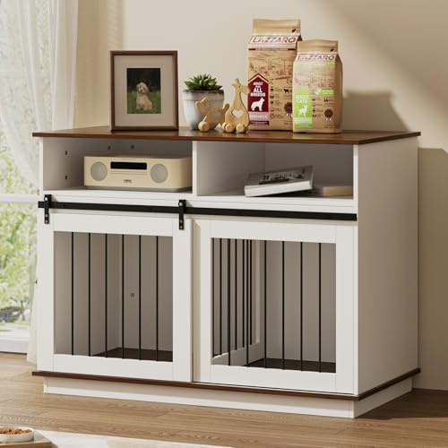 The Fellie Large Dog Crate Furniture, Wooden Dog Cage with Sliding Door, Indoor Pet Kennel for Large Dogs, Fancy Pet Crate Cabinet with Drawer Storage, Movable Divider, End Table, 120x60x90cm, White