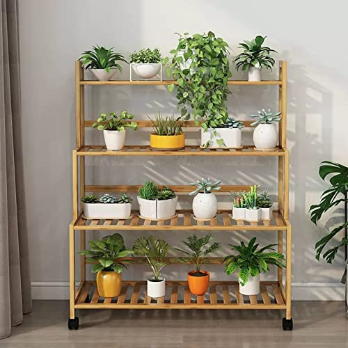 Supporto per piante in legno per interni ed esterni, con ruote, alto e grande, con scaletta angolare, mensola per piante da giardino