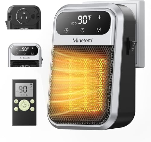 Minetom Portable Plug In Space Heater, 800W Small Wall Heater for Indoor Use, Remote, 12H Timer, ECO Mode, Overheat Protection, Fast and Safe Heat for Bathroom Garage Office Bedroom Home