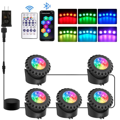 T-SUN Colored Pond Lights with APP and Remote Control – Bright LED Underwater Light Submersible Fountain Lights, IP68 Waterproof Landscape Lighting for Garden Koi Ponds Aquarium (Set of 5)