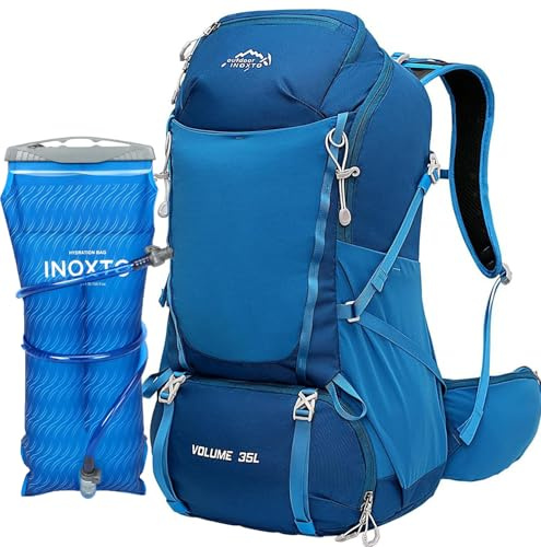 INOXTO 35L Hiking Backpack with 3Lwater bladder, Camping Backpack with Waterproof Rain Cover for Men, Outdoor Sport Travel Daypack for Climbing (Dark blue)