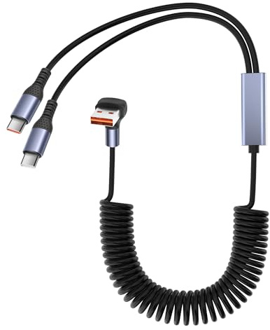 YACSEJAO 66W 90 Degree USB A to Multi USB C Spring Charging Cable for Phone/Car,6A Right Angle Coiled Type A to Type C Splitter Cable Fast Charging & Data Transfer (6FT) (USB A to 2 USB Type-C)