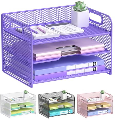 OUTWOLF Organiseur de bureau à 3 niveaux avec poignée - Pour classeurs A4, papier, livre, magazine, violet