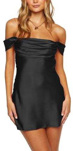 AOWVUTS Vestido Mujer Sexy sin Mangas Mini Vestidos con Hombro Descubierto Ajustado Satén Vestidos Corto A-línea Verano Bodycon Elegante Slim Fit Vestido de Fiesta Club Cóctel Noche