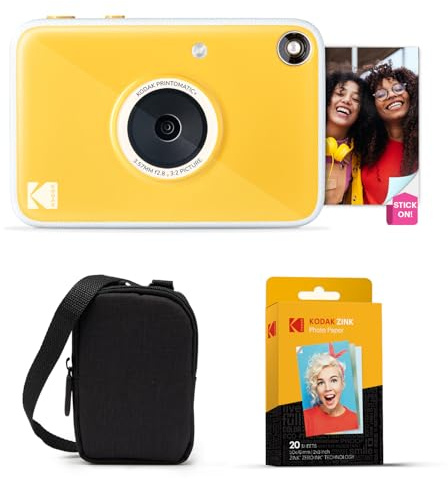 Kodak Printomatic+ Instant Print Digital Camera Starter Bundle + Carrying Case + Zink 20pk Sticky-Back Photo Paper - 10MP, Full-Color Photos, GB LED Status Indicator - Yellow