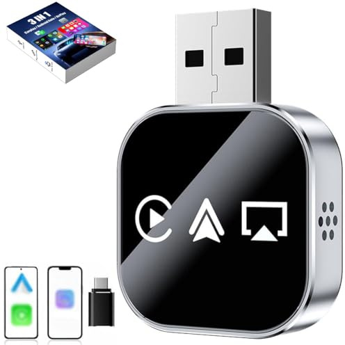 WANWEN Wireless CarPlay Mirror Link Adapter, Upgrade 3 in 1 Auto Adapter, AirPlay/Android Auto/CarPlay, 2.4/5GHz WiFi and Bluetooth 5.0, Plug and Play, Fast Stable Connection (For IOS)
