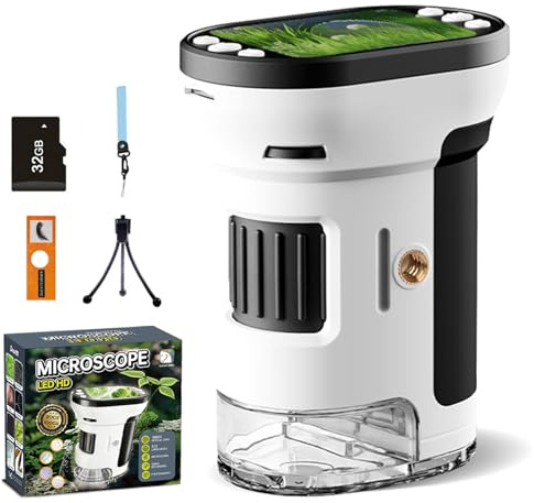 FIVAVA 1000X Mikroskop für Kinder, tragbares Digitales Mikroskop mit 2,0-Zoll-IPS-Display, Kinderlupe, USB-aufladbar, inkl. Objektträgerset, 32G-Speicherkarte und Ständer, Kids-Gartenspielzeug