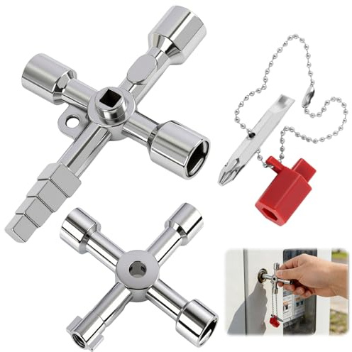 2pcs Meter Box Key Gas Key 4 Way 7 in 1 Utility Keys, Multi-Functional Radiator Electric Box Keys, Universal Cross Triangle Key with Bit Tips for Electrical Cabinet Valve Elevator Cupboard Water Meter