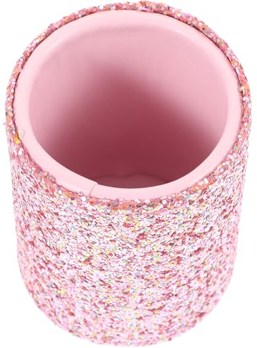 MALUGOGO Cubo Decorativo Portátil para Brochas de Maquillaje de Plástico Rosa Brillantina, Resistente y Compacto para Uso en Tocador o Vanidad