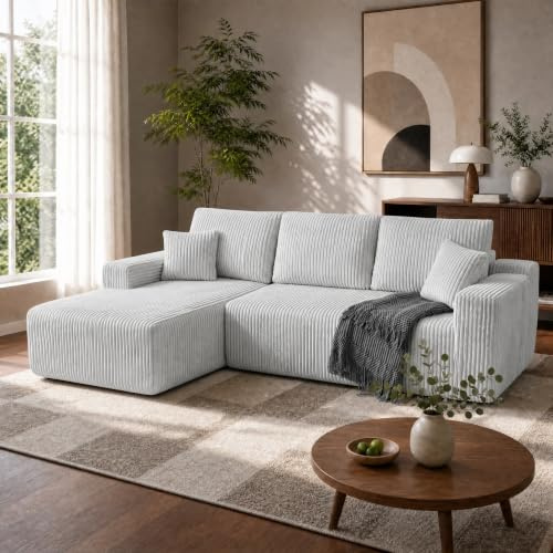 HOMRELEXA 267cm Ecksofa mit Schlaffunktion, Corduroy Boneless Couch, Grau