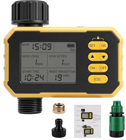 Nikou Programmateur Arrosage Solaire 1 Sorties, Minuteur Arrosage Automatique Ordinateur d'irrigation, avec Retard de Pluie, Auto/Manuel, Recharge, pour Jardin Pelouse Cour