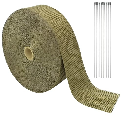 HSUYUN Bande Thermique Echappement, Couleur Titane Bande D'échappement, 50 mm x 15 m Ruban Isolant Thermique de Basalte, avec Attaches Métalliques, pour Fixer les écrans Thermiques Automobiles