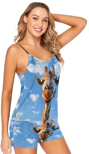 Sevdomey Giraffe - Conjunto de pijama sexy de 2 piezas, cuello en V y pantalones cortos de satén para mujer, jirafa, XXL