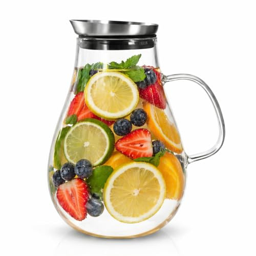 Arendo - Karaffe aus Glas mit Deckel 2500 ml - Wasserkaraffe mit Edelstahldeckel und integriertem Grobfilter, Glaskrug aus Borosilikatglas 2,5 L, Temperaturbereich –20 °C bis +150 °C